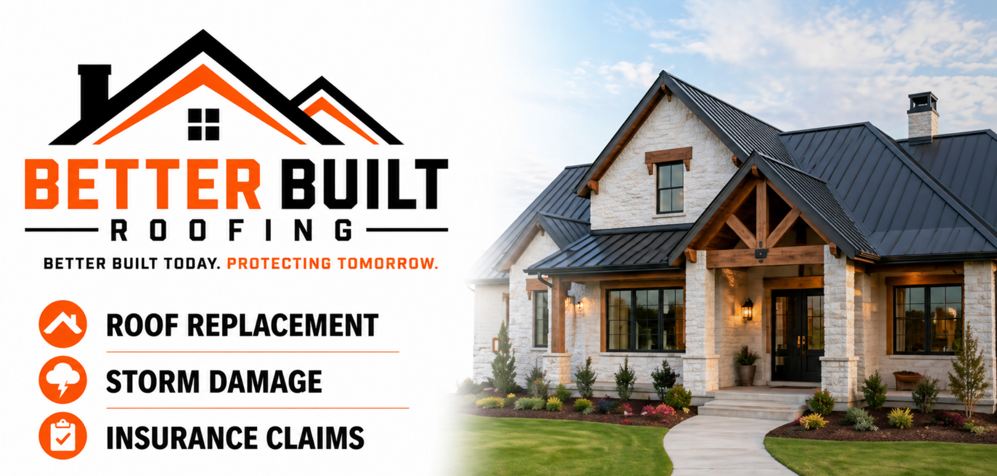 Better Built Roofing banner featuring a home, roof replacement, storm damage, and insurance claims